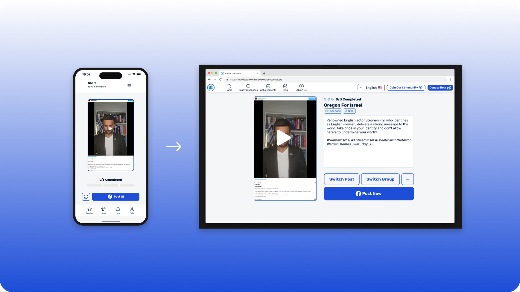 The Facts Commando sharing flow on mobile and on desktop — the responsive range I extended the product into.