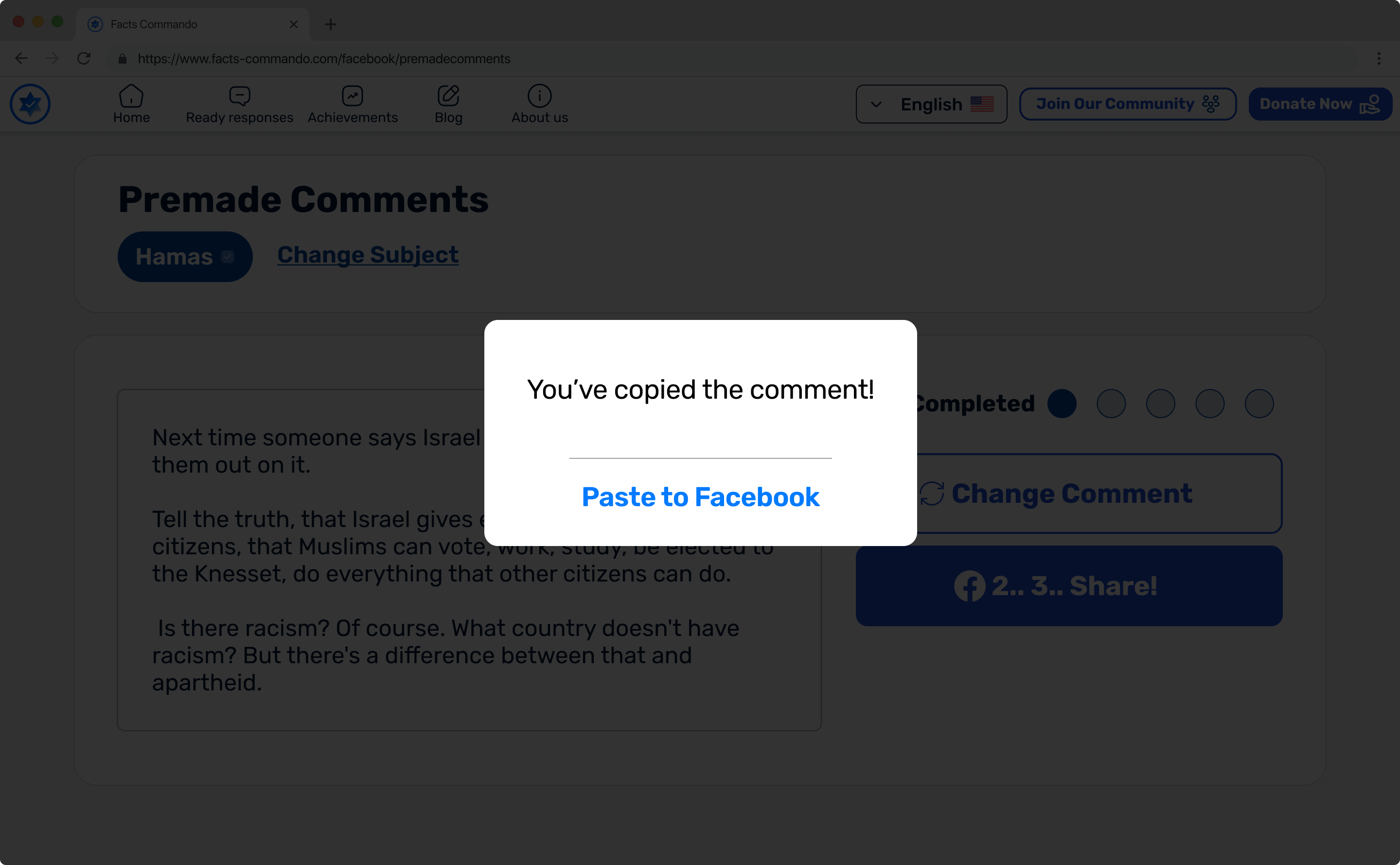 Comment copied confirmation