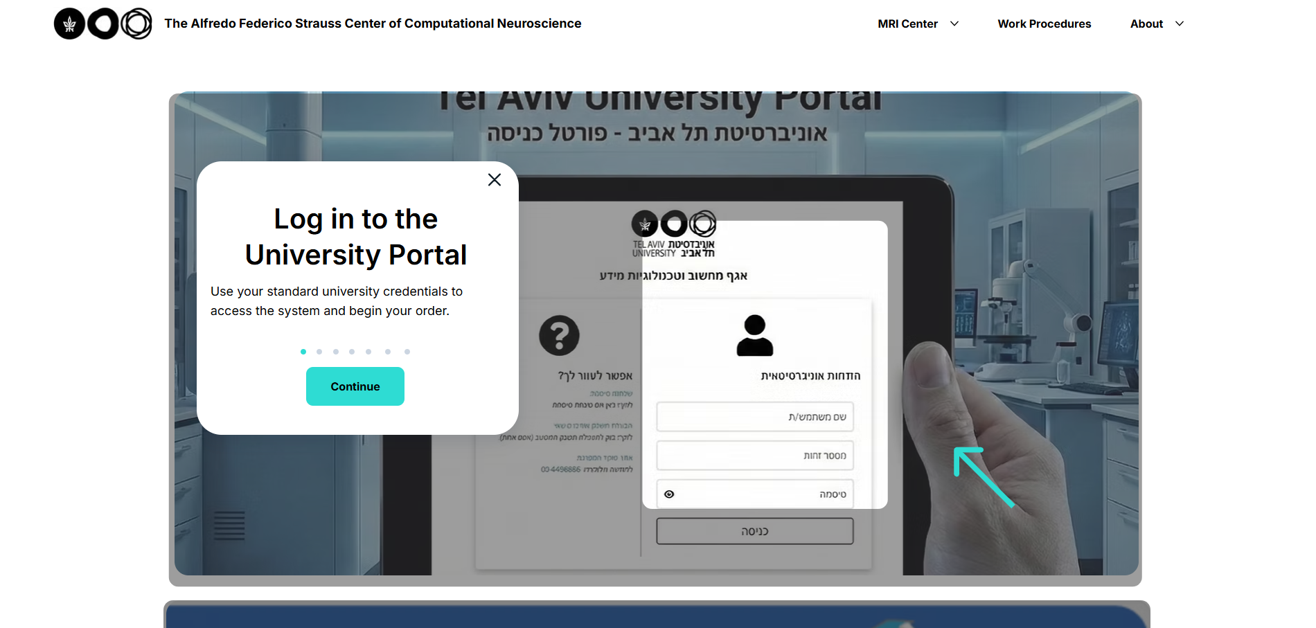 Onboarding step 1 of 7, annotated overlay prompting login to the university portal