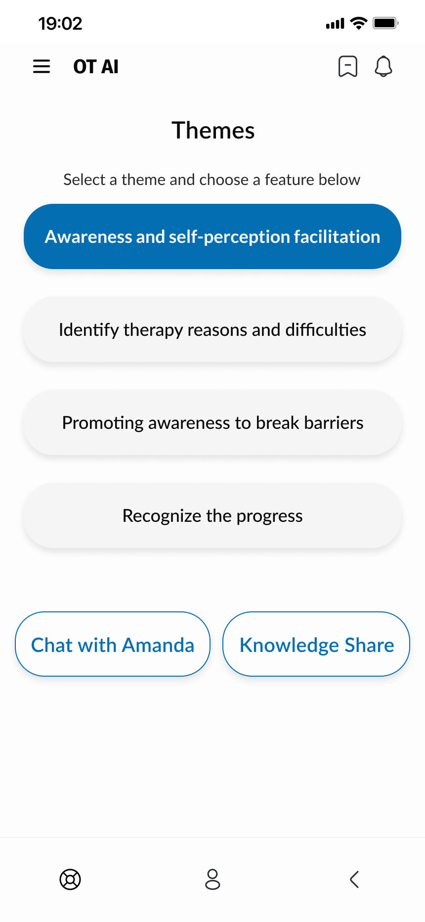 Theme selected, showing Chat with Amanda and Knowledge Share options